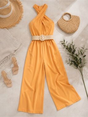 Sleeveless Cross-Neck Wide-Leg Jumpsuit in Orange